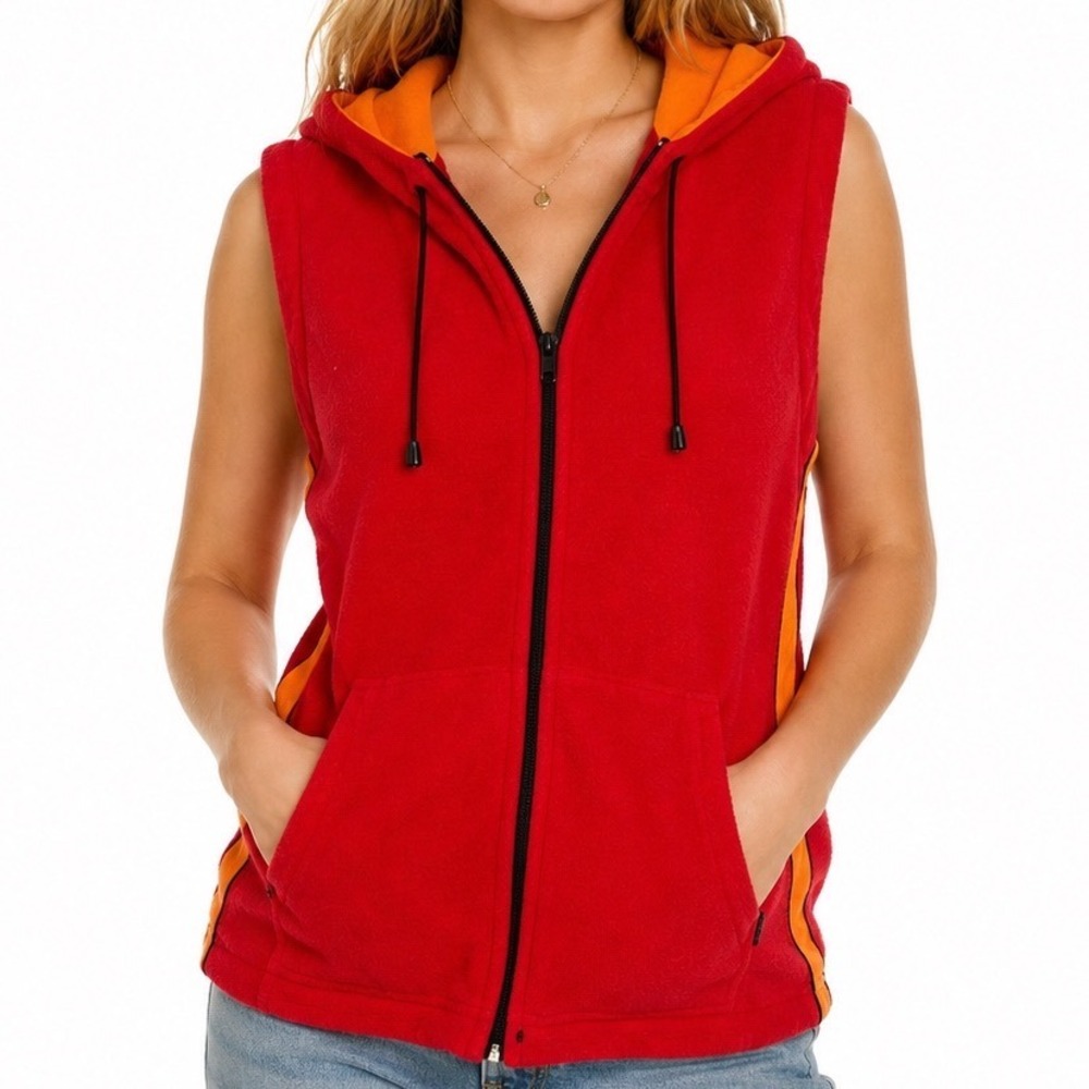 🔴 5 for $25! Vintage Y2K Vittadini Vest Terry Cloth Hooded Red Orange Medium